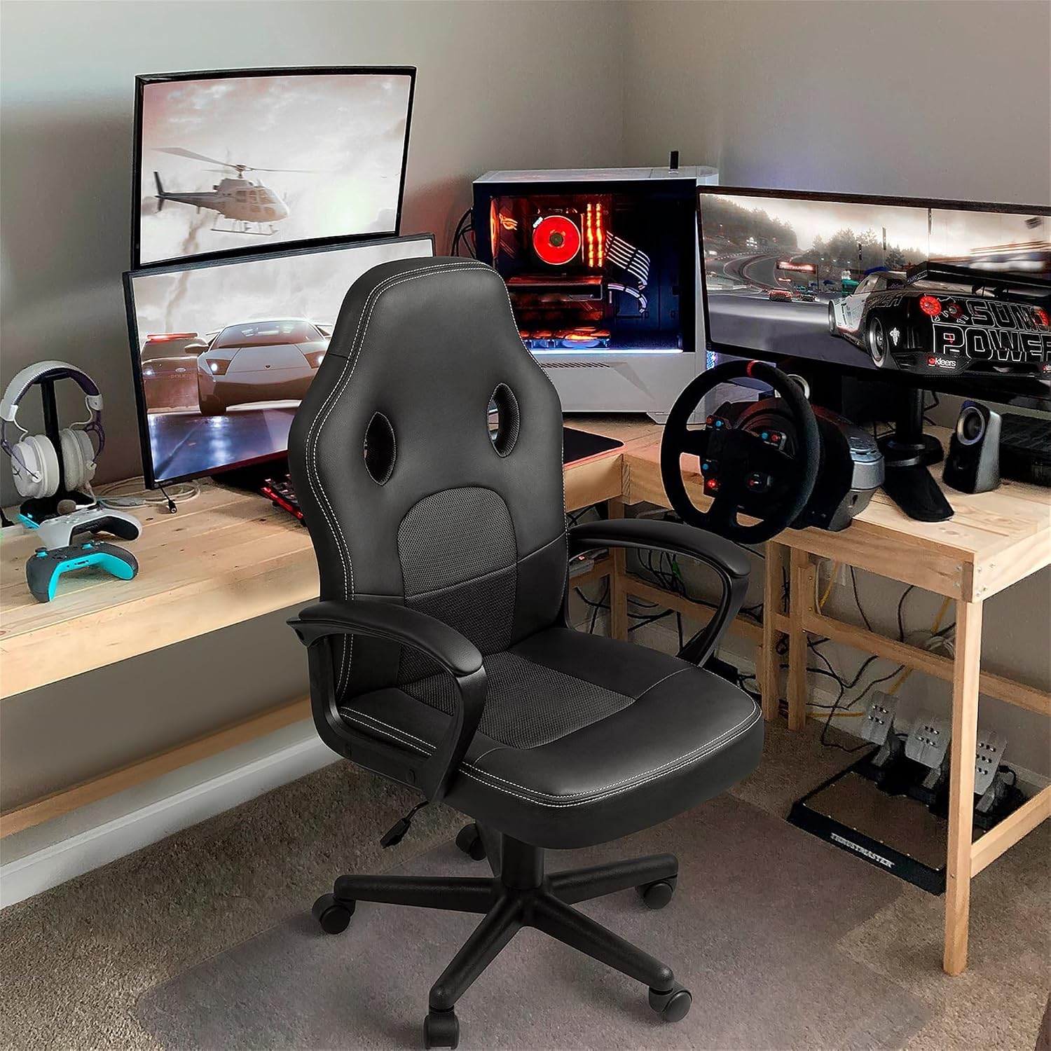 GUNJI Computer Chair PU Leather High Back Office Modern Racing Style Game Chair Adjustable Executive Ergonomic Desk with Padded Armrests and Lumbar Support (Black)