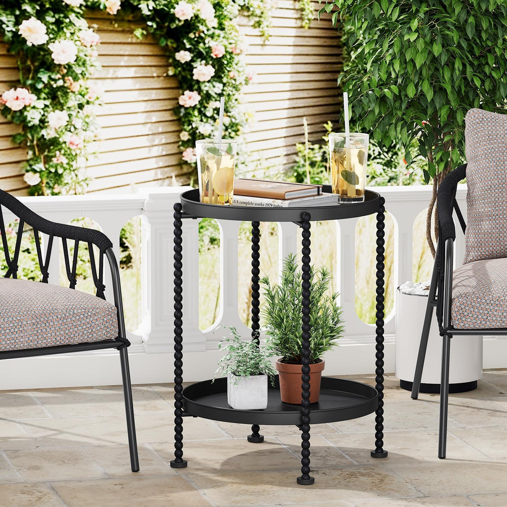 YINMIT 2 Tier End Table,Outdoor Metal Round Side Table,Waterproof Sofa Coffee Side Tables,Bedside Nightstand for Living Room, Bedroom, Office, Balcony