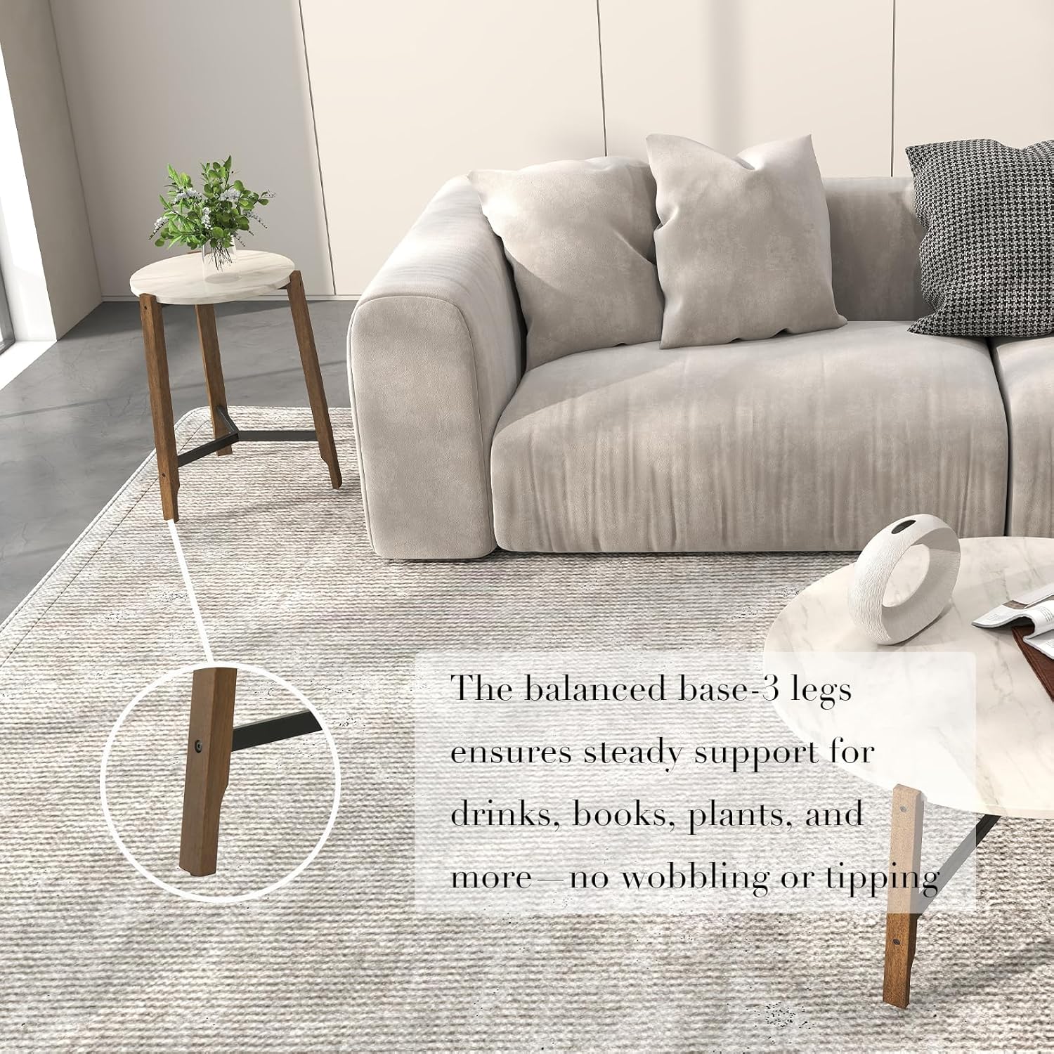 Modern White Round End Table, Side Table with Faux Marble Texture Top Industrial Nightstand Beside Accent Table with Wood Legs for Living Room Bedroom Small Space, Easy Assembly