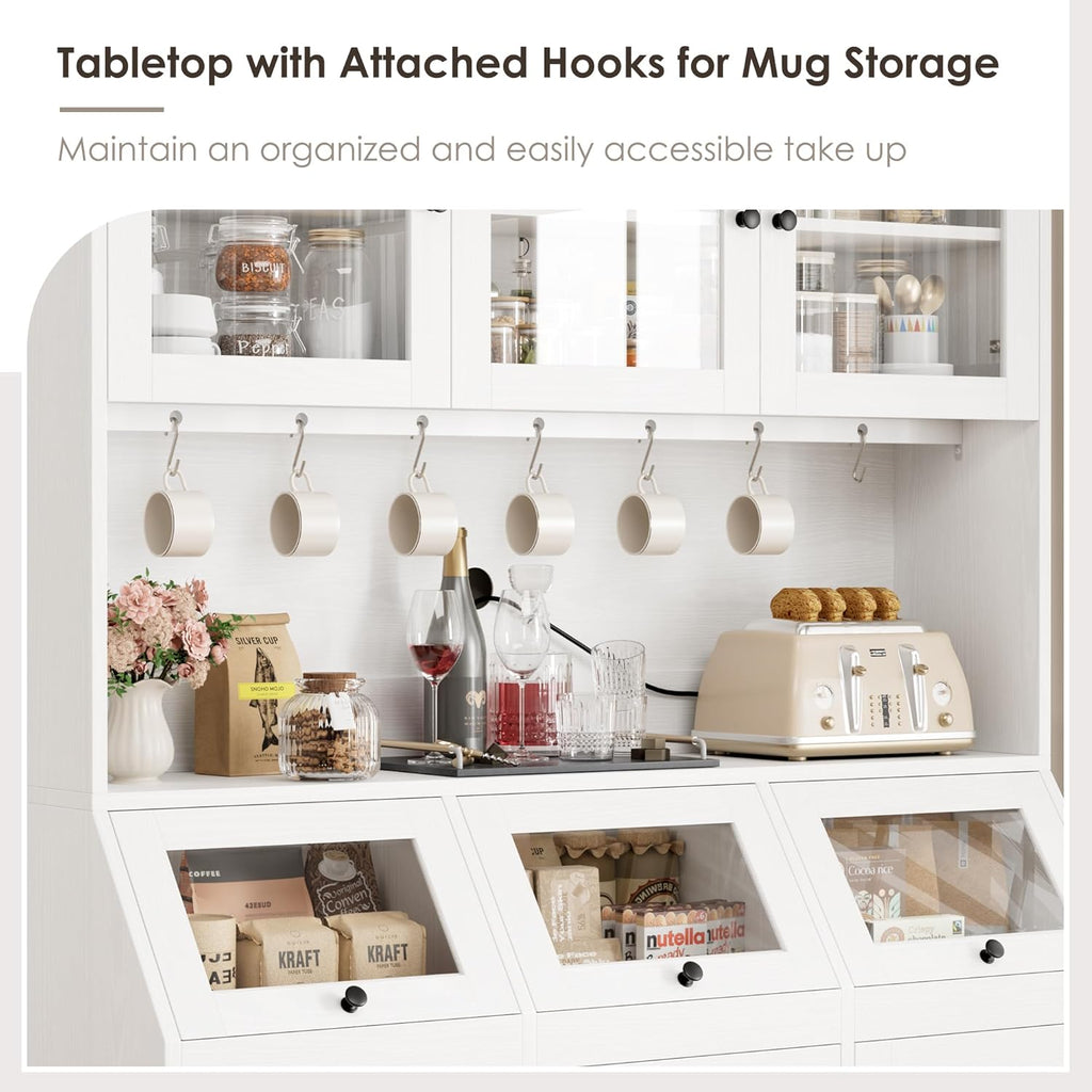 HIFIT 71.4” H Farmhouse Pantry Cabinet with 3 Bread Boxes and 7 Metal Hooks, 47.2” Wide Kitchen Hutch Cabinet with Storage and Glass Doors, White