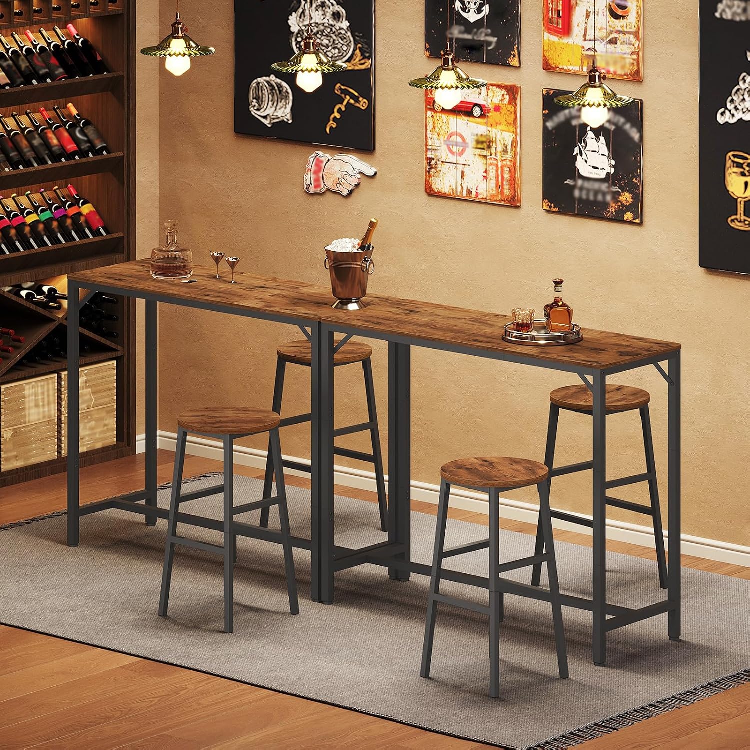 MAHANCRIS Bar Table, 35.4-Inch Counter Height Pub Table, Cocktail Table | Rectangular Bar Table with Metal Frame and Footrest, for Dining Room, Stairwell, Bar, Save Space, Rustic Brown and Black