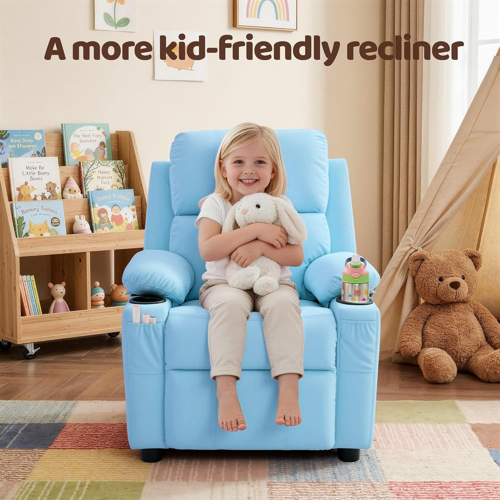 Korser Kids Recliner Chair, PU Leather Toddler Recliner with Cup Holder, Kid Recliner Sofa with Footrest, Push Back Child Reclining Chair with Side Pockets for Children Boys Girls Room, Blue