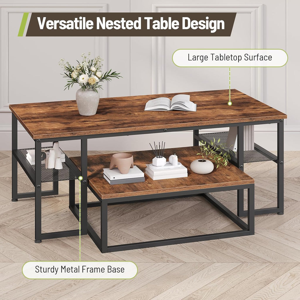Coffee Table Set of 4, Nesting Coffee Table and 2 Side Tables | Industrial Square Coffee Table with Storage, Metal Frame, for Small Spaces, Apartment, Living Room, Rustic Brown and Black