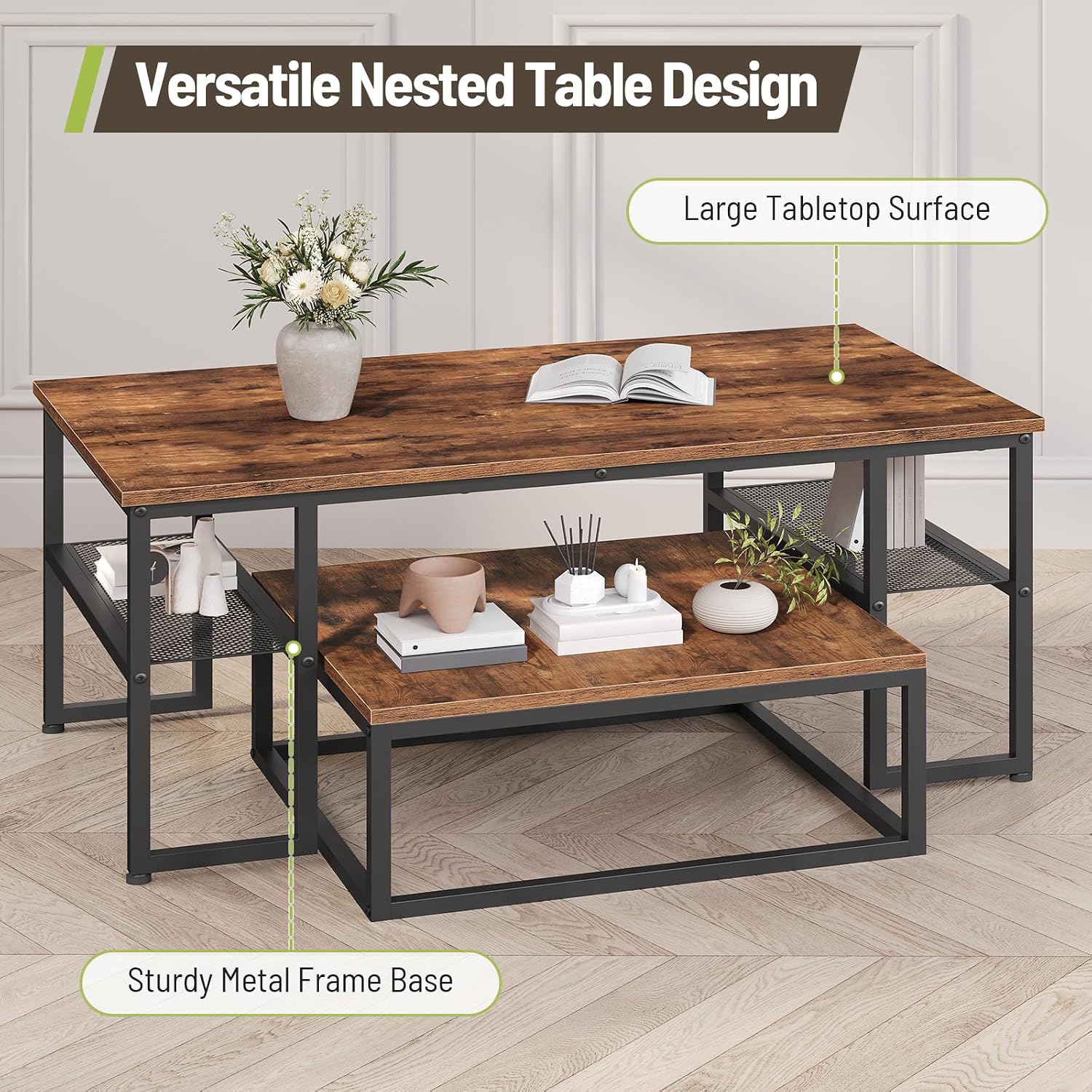 Coffee Table Set of 4, Nesting Coffee Table and 2 Side Tables | Industrial Square Coffee Table with Storage, Metal Frame, for Small Spaces, Apartment, Living Room, Rustic Brown and Black