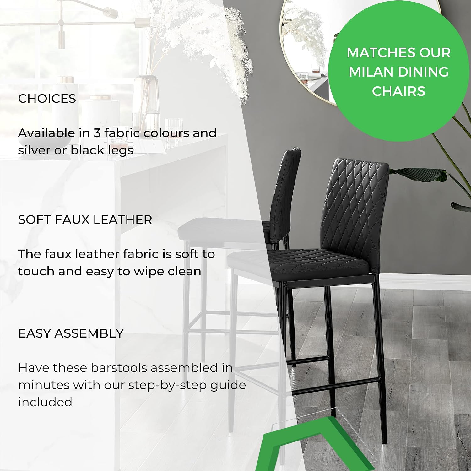 Furniturebox Milan Bar Stools - Contemporary Black Faux Leather Stools for Kitchen or Dining Room - Set of 2 with Soft Seats and Black Legs