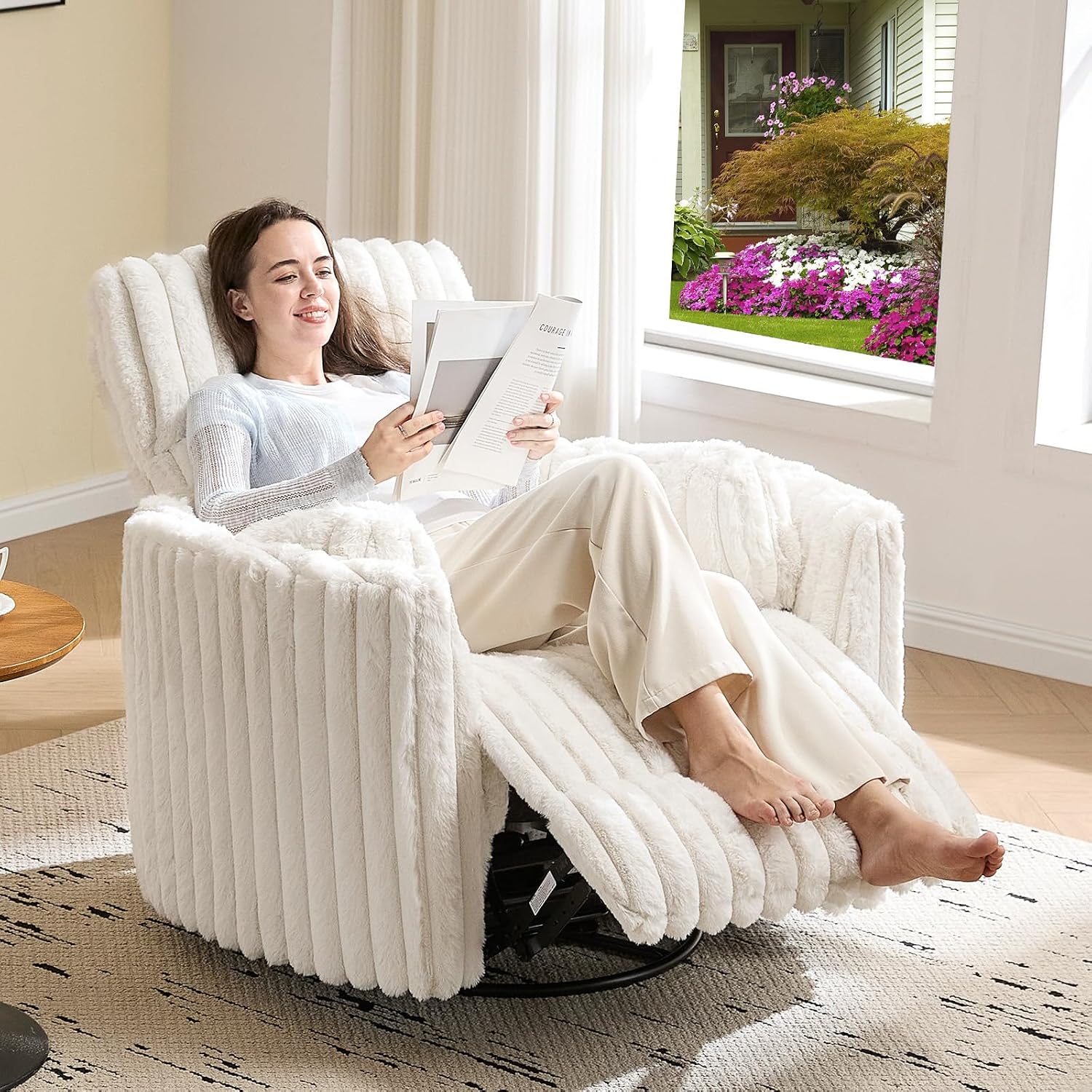 Jocisland Power Rocking Nursery Chair/Swivel Recliner/USB, Cream Corduroy | Oversized Glider Chairs,Corduroy,2 Pillows,USB & Type-C,Reclining Armchair Sofa,Living Room,Bedroom,Nursing