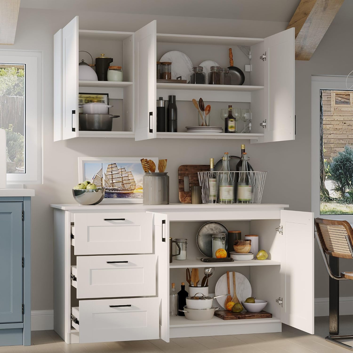 Timechee Modern Kitchen Pantry Storage Cabinet with Wall Cupboard Set, Large Pantry Cupboard Cabinet with Doors and Shelves, Drawers, Kitchen Storage Buffet Sideboard Set for Dining Room, Living Room