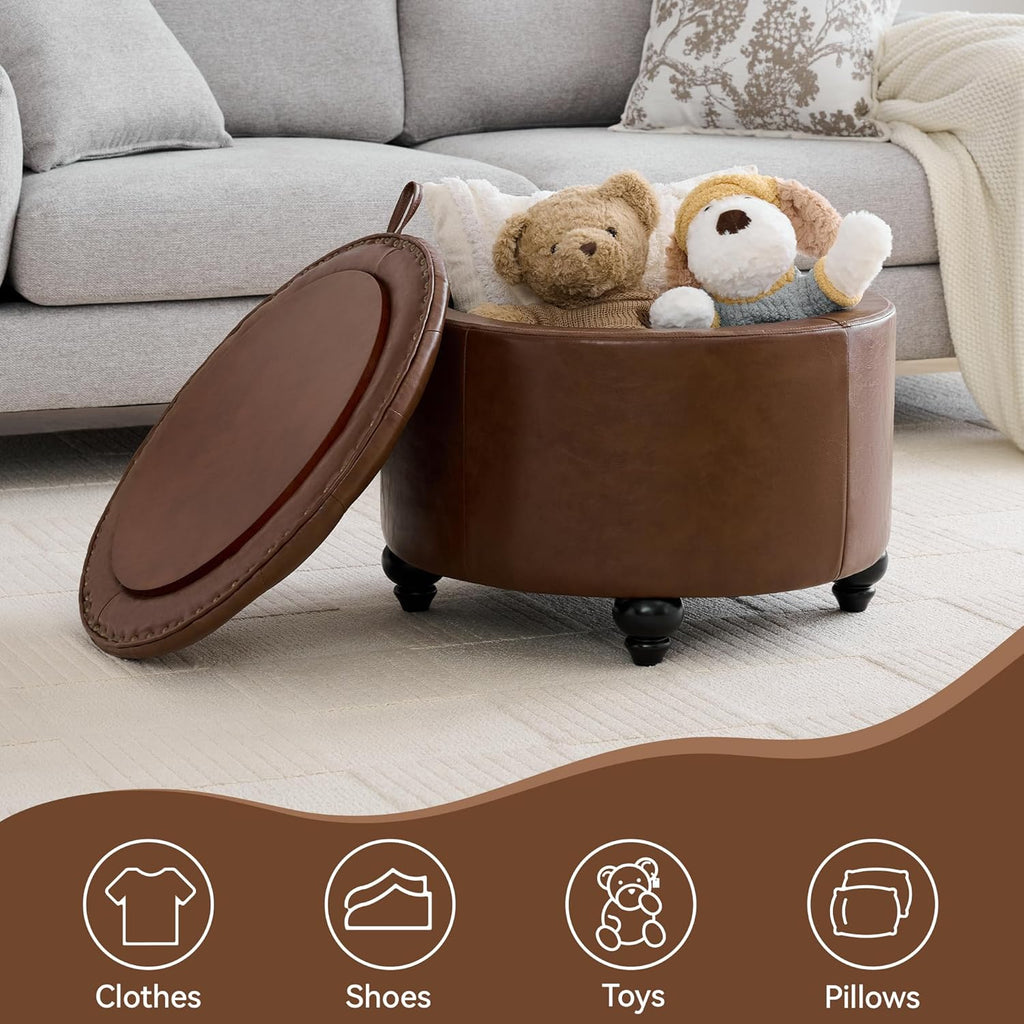WUTUTUEE 24Inch Round Storage Ottoman with Tray, Modern Tufted Leather Circle Coffee Table with Storage, Upholstered Ottoman with Removable Top for Living Room, Bedroom, Leather Coffee