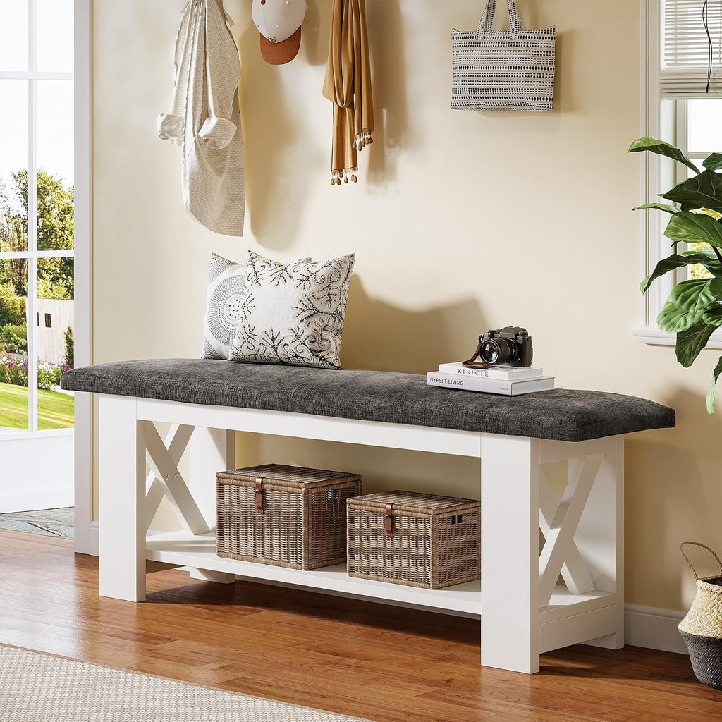 Tribesigns 47" Farmhouse Entryway Bench with Padded Cushion, Farmhouse Wooden Shoe Rack Storage Bench, 2-Tier White Accent Organizer Seat for Hallway, Living Room, Bedroom