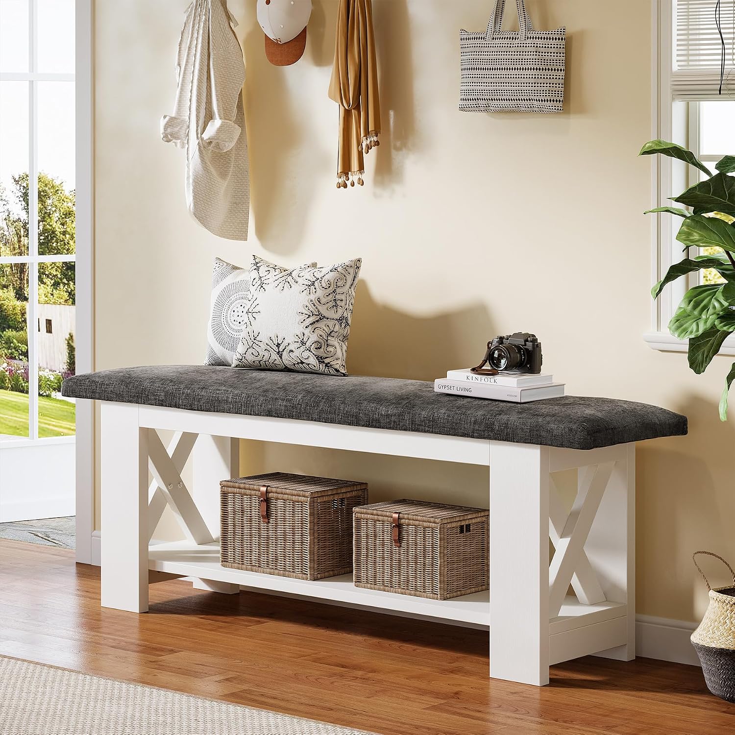 Tribesigns 47" Farmhouse Entryway Bench with Padded Cushion, Farmhouse Wooden Shoe Rack Storage Bench, 2-Tier White Accent Organizer Seat for Hallway, Living Room, Bedroom
