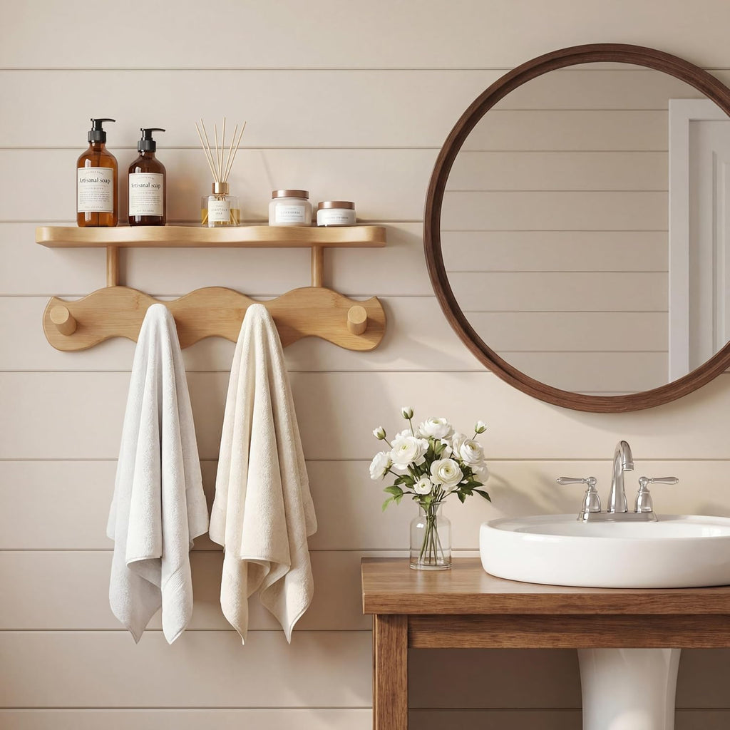 Wave-Shaped Bamboo Coat Rack Wall Mount with Shelves - Modern Decorative Wall Hooks for Entryway, Bathroom & Bedroom,Eco-Friendly Organic Wood Wall Mounted Rack for Hanging Coats, Bags, Keys 4 Hooks