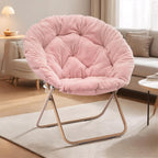 Cozy Saucer Chair, Living Room Chair, Faux Fur Soft Thick Padded Folding Chair, Comfortable Moon Chair for Living Room, Bedroom, Reading Nook, Modern Style, Pink