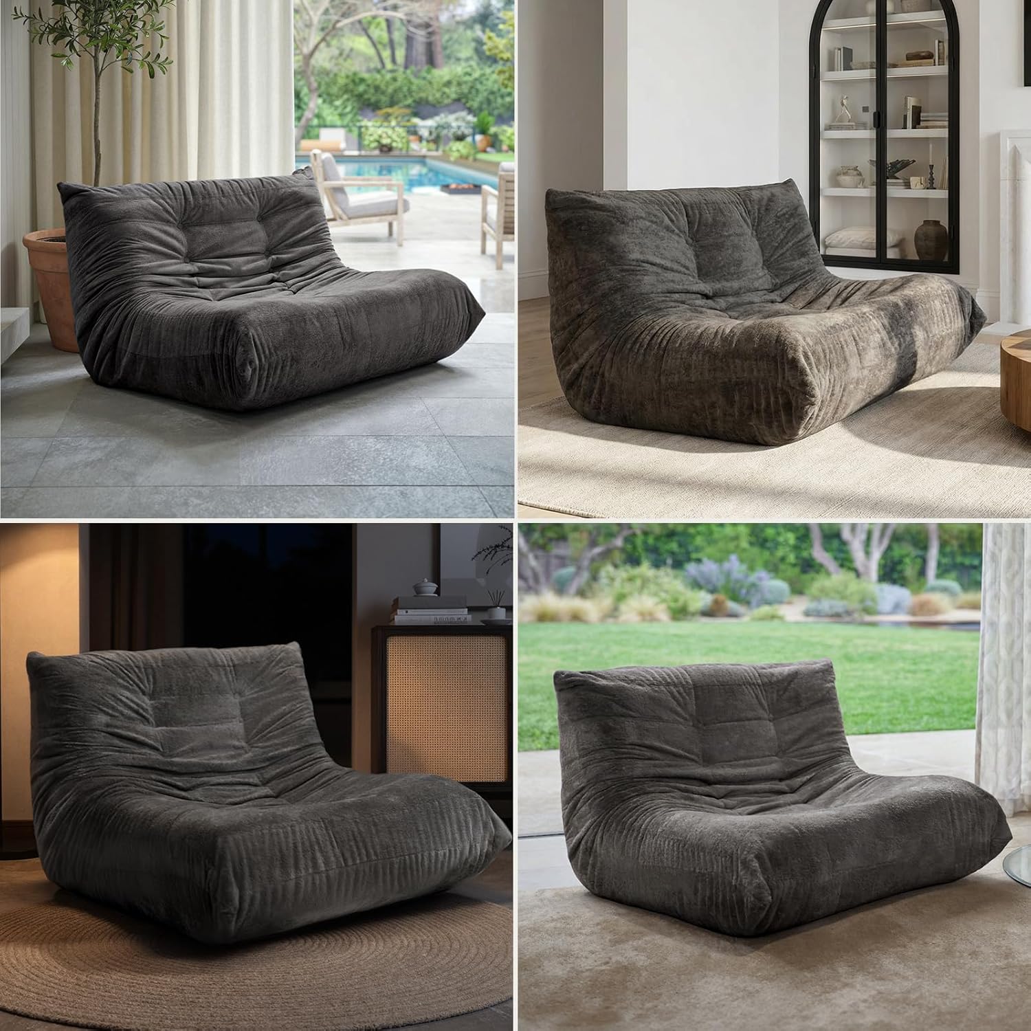 Sytopia Loveseat Chenille Bean Bag Chair for Adults, Oversized 35D Memory Foam Floor Sofa, Giant Deep Seat Gaming Reading Nook, No Assembly Required, Black Onyx