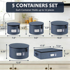 China Storage Hard Shell Containers 5-Piece Set Moving Boxes for Dinnerware, Glasses, Plates, Mugs and Saucers Sturdy Dish Organizer with Dividers for Seasonal Storage - Service for 12 - Denim Blue