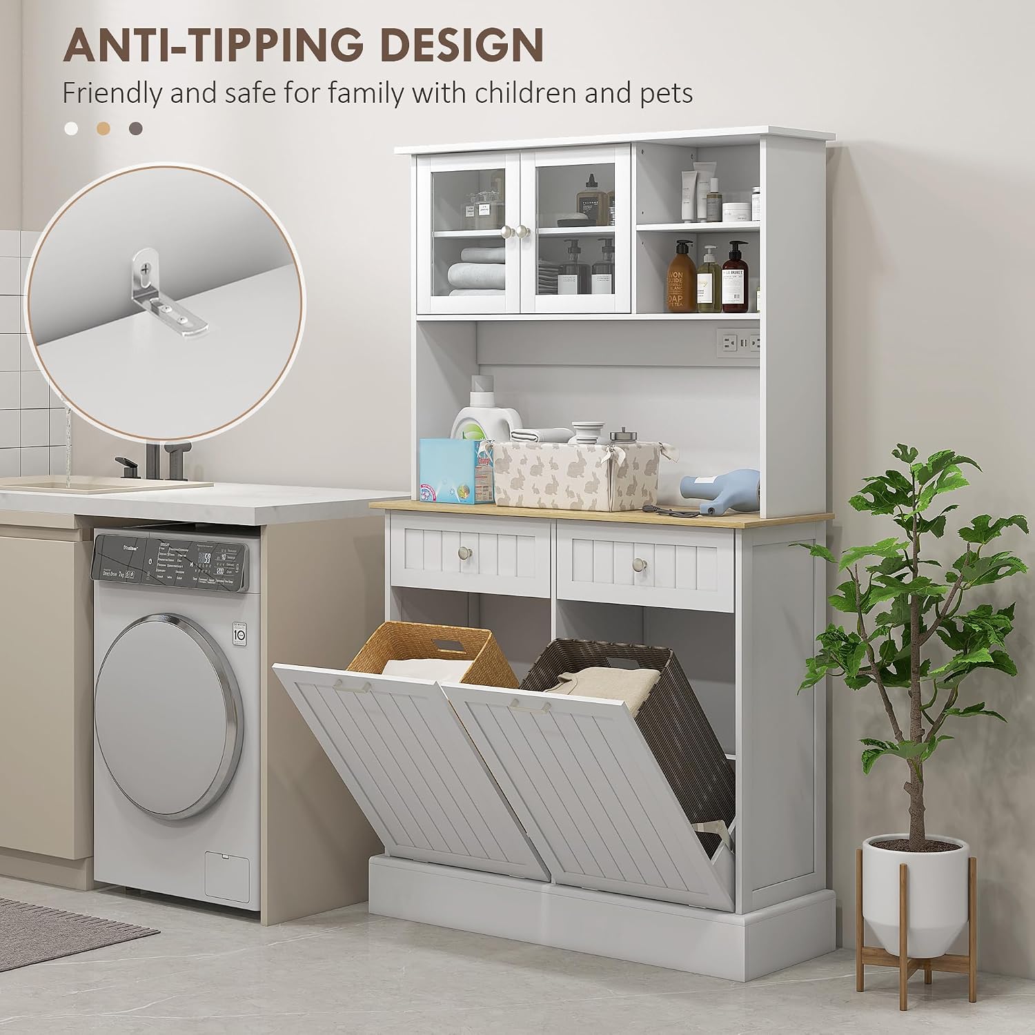 68" Kitchen Pantry Storage Cabinet with Charging Station, 2 Tilt Out Trash Cabinets and Microwave Stand, Freestanding Kitchen Hutch with Glass Doors and Adjustable Shelf, White,13.8 * 39.4 * 67.7