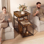 End Table with Charging Station, 3-Tier Sofa Side Table Sliding Top for Living Room, Bedside Table with Storage, Modern Curved Frame Accent Sofa Nightstand for Small Spaces Apartment, Black & Brown