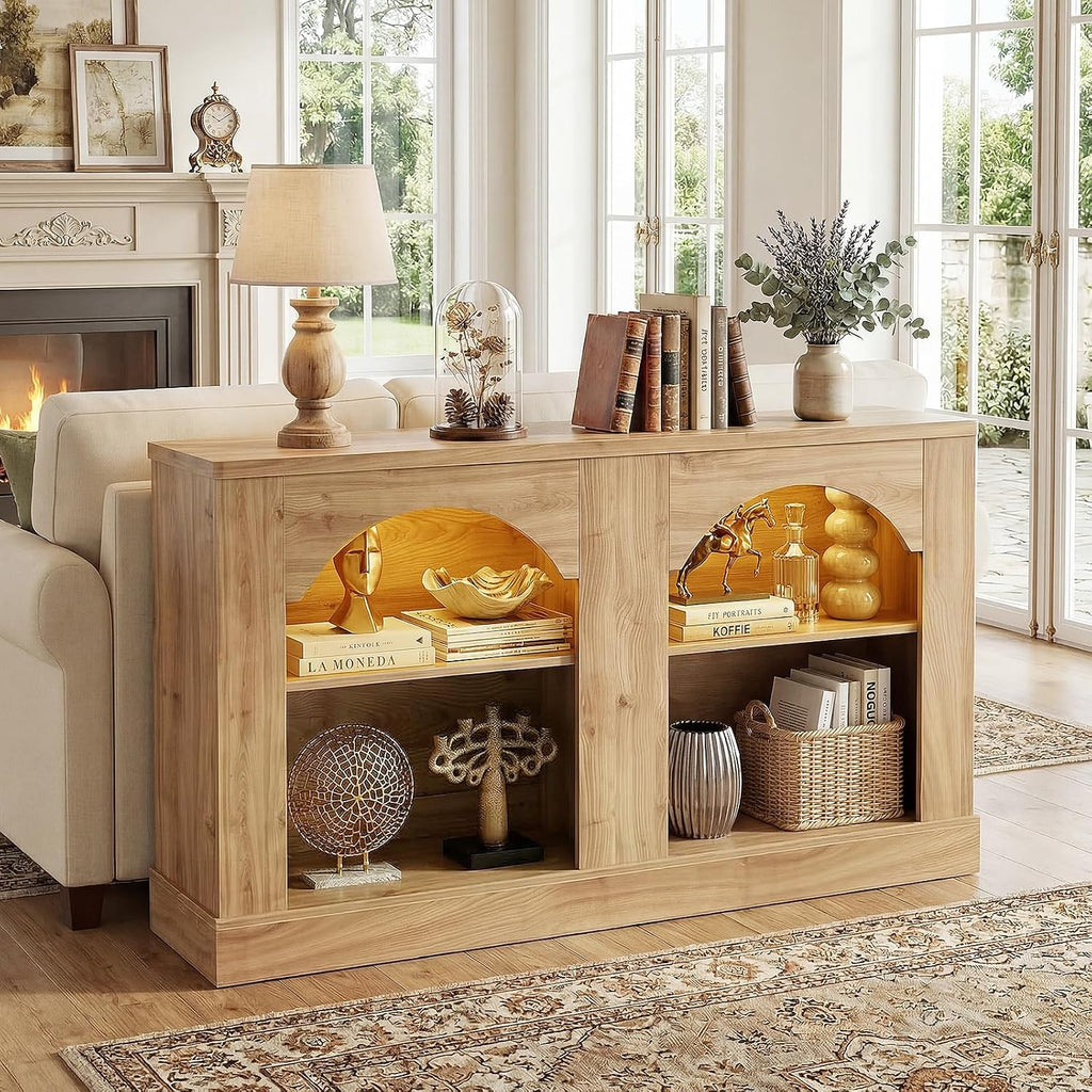 Arched Entryway Table with LED Lights, 47" Farmhouse Console Table with Adjustable Shelves, Sofa Table Behind Couch, Sideboard Buffet Storage Cabinet for Entrance/Hallway/Living Room, Natural Oak
