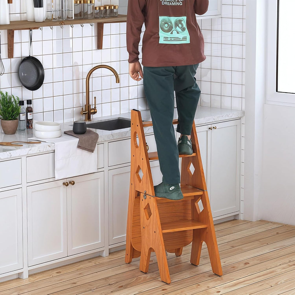 Folding Library Ladder Chair, 4 Tier Portable Step Stool Chair, Lightweight 3-in-1 Stepladders Display Stand, Library Steps Bookshelf Plant Stand for Storage and Decoration