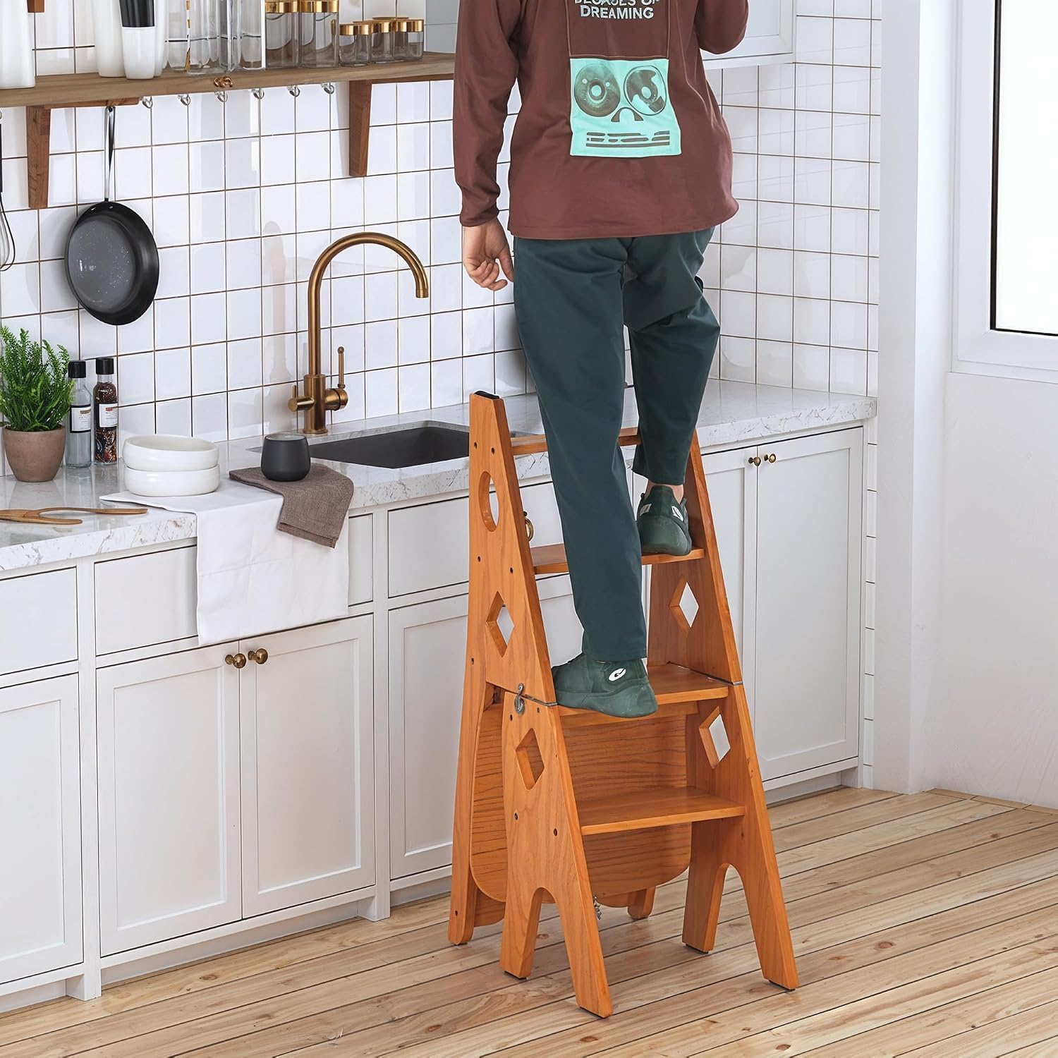 Folding Library Ladder Chair, 4 Tier Portable Step Stool Chair, Lightweight 3-in-1 Stepladders Display Stand, Library Steps Bookshelf Plant Stand for Storage and Decoration