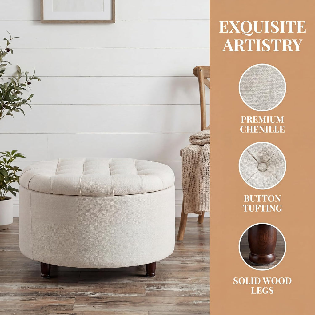 28" Round Ottoman, Modern Ottoman with Storage, Tufted Upholstered Footstool with Wooden Legs, Round Coffee Table w/Removable-Top, Chenille Footrest for Living Room, Bedroom, Apartment, White
