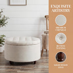 28" Round Ottoman, Modern Ottoman with Storage, Tufted Upholstered Footstool with Wooden Legs, Round Coffee Table w/Removable-Top, Chenille Footrest for Living Room, Bedroom, Apartment, White