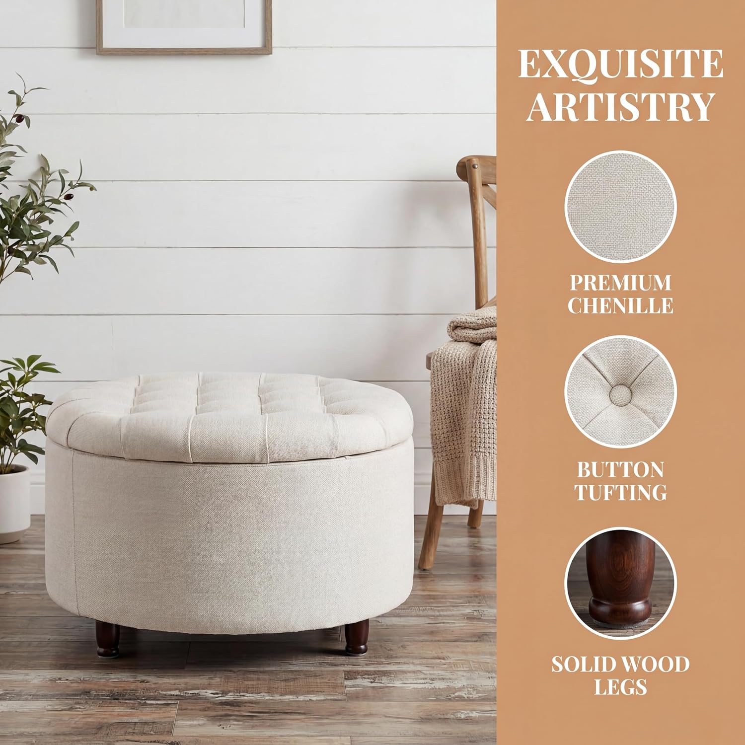 28" Round Ottoman, Modern Ottoman with Storage, Tufted Upholstered Footstool with Wooden Legs, Round Coffee Table w/Removable-Top, Chenille Footrest for Living Room, Bedroom, Apartment, White