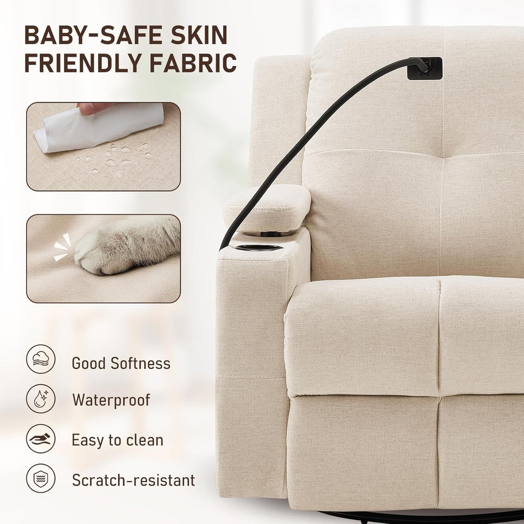 Furnimart Power Rocking Chair Nursery with Adjustable Armrests, Triple Motor Glider Recliner Swivel Nursing Chair for Breastfeeding with Phone Holder, Side Storage, Soft Waterproof Fabric, Beige