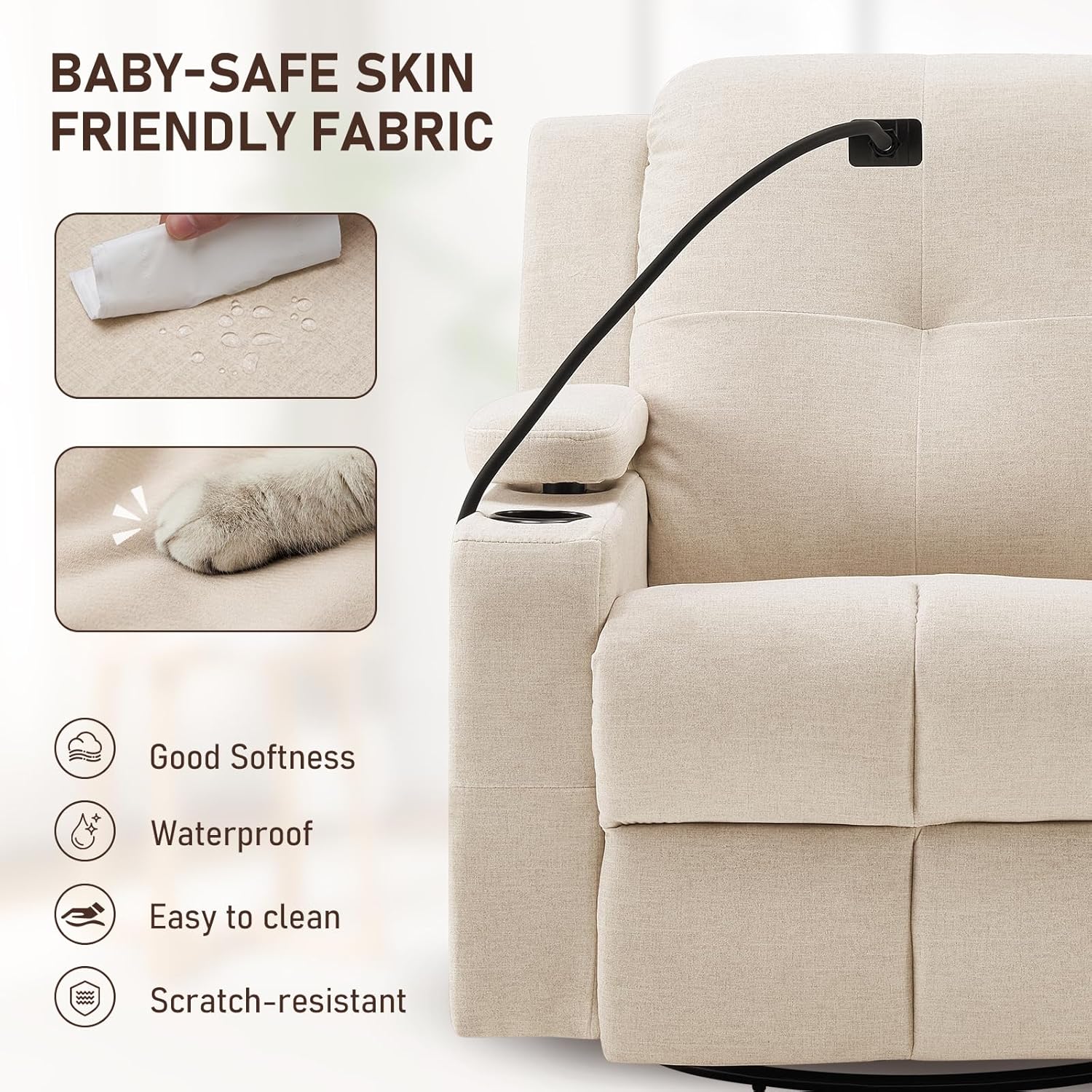 Furnimart Power Rocking Chair Nursery with Adjustable Armrests, Triple Motor Glider Recliner Swivel Nursing Chair for Breastfeeding with Phone Holder, Side Storage, Soft Waterproof Fabric, Beige