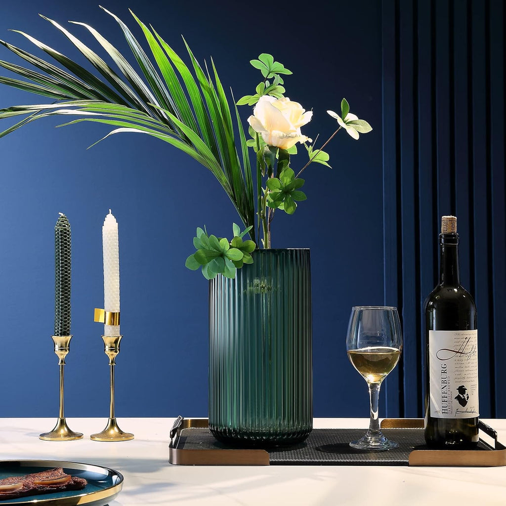 Large Cylinder Ribbed Green Glass Flower Vase for Farmhouse Dining Table Centerpieces Decor