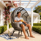 Wicker Chair Egg Shape, 400lbs Capacity, 8-Inch Cushion, Indoor Outdoor Balcony Chairs(Black+Gray)