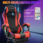 Gaming Chair with Bluetooth Speakers & Lights, Ergonomic High-Back Office Chair with Retractable Footrest, 360° Swivel Adjustable Computer Chair, Faux Leather Racing Style for Home Office & Gaming