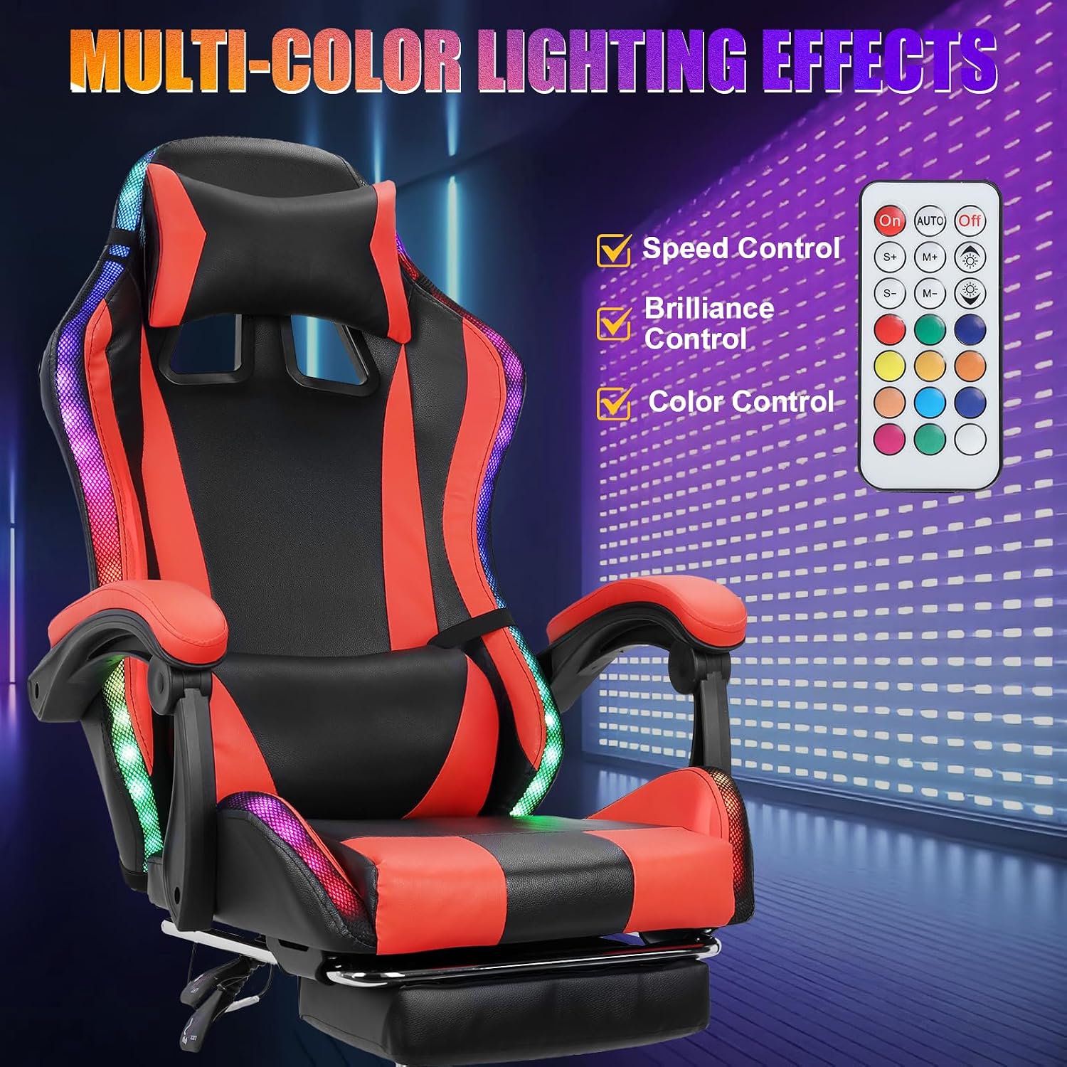 Gaming Chair with Bluetooth Speakers & Lights, Ergonomic High-Back Office Chair with Retractable Footrest, 360° Swivel Adjustable Computer Chair, Faux Leather Racing Style for Home Office & Gaming