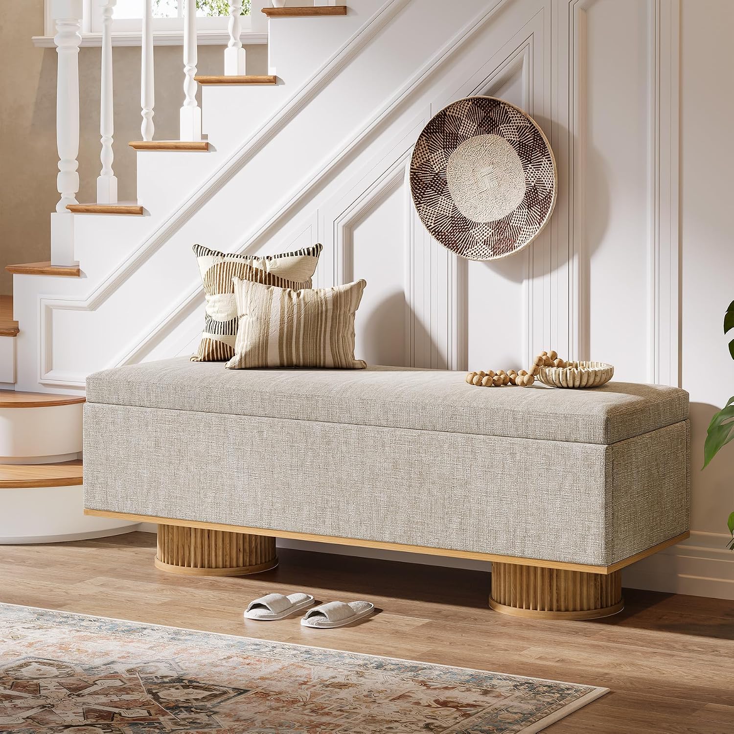 Tribesigns 50.39" Storage Bench with Padded Seat Cushion, Upholstered Shoe Bench with Flip Up Storage for Bedroom, Living Room, Entryway, Load up to 330 lb, Beige + Wood Color
