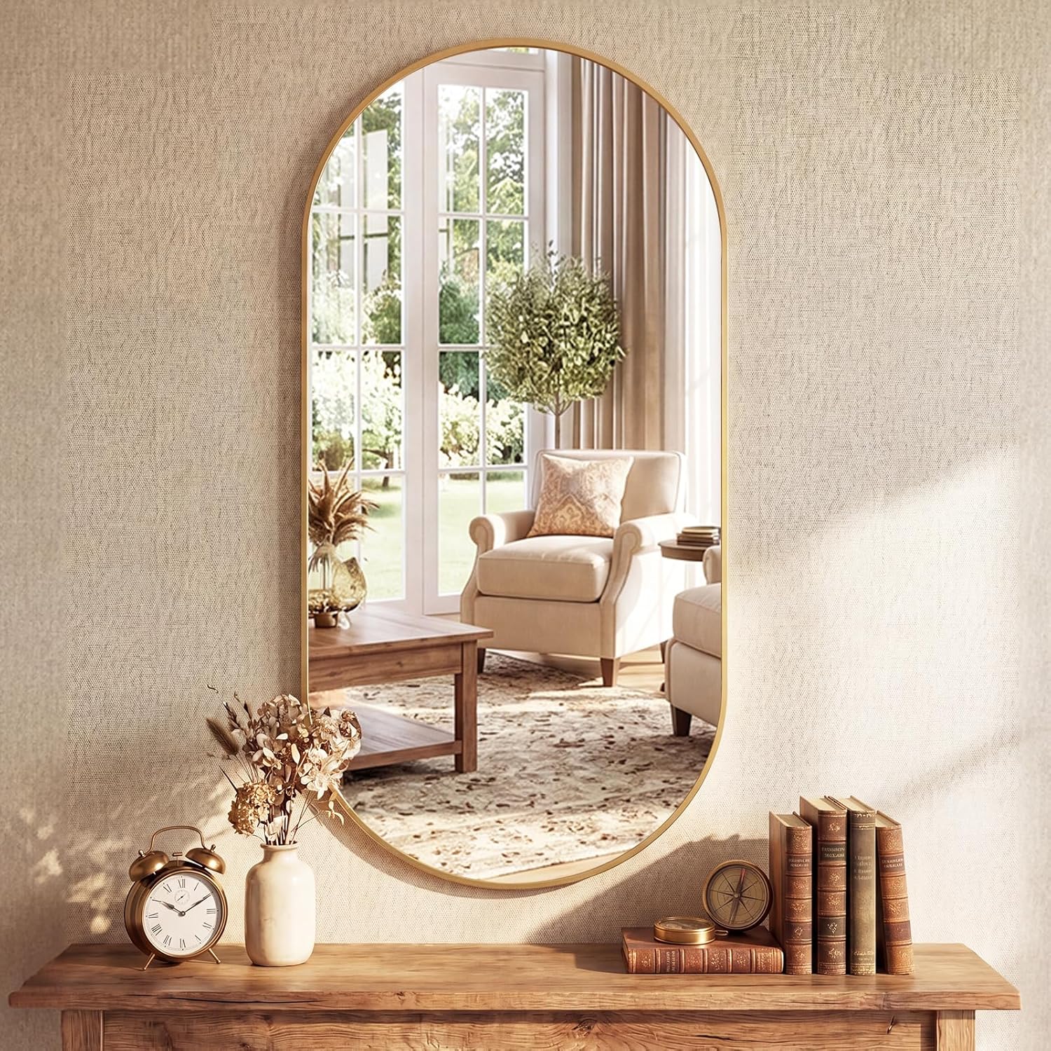 DUMOS 24" x 48" Oval Bathroom Mirror, Gold Wall Mirrors with Metal Frame, Tempered Glass, Morden Vanity Mirror for Over Sink, Entryway, Living Room, Bedroom, Horizontal or Vertical