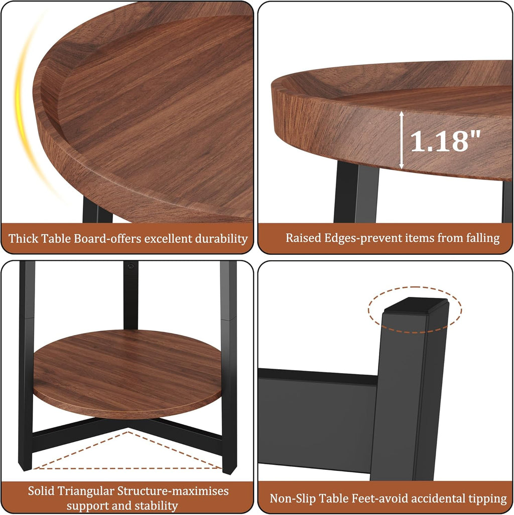 Industrial 2 Tier Round Side Table with Storage Shelf,Accent Tray End Table with Triangular Metal Support, Nightstand Bedside Sofa Table for Living Room, Bedroom, Balcony, Cherry