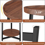 Industrial 2 Tier Round Side Table with Storage Shelf,Accent Tray End Table with Triangular Metal Support, Nightstand Bedside Sofa Table for Living Room, Bedroom, Balcony, Cherry