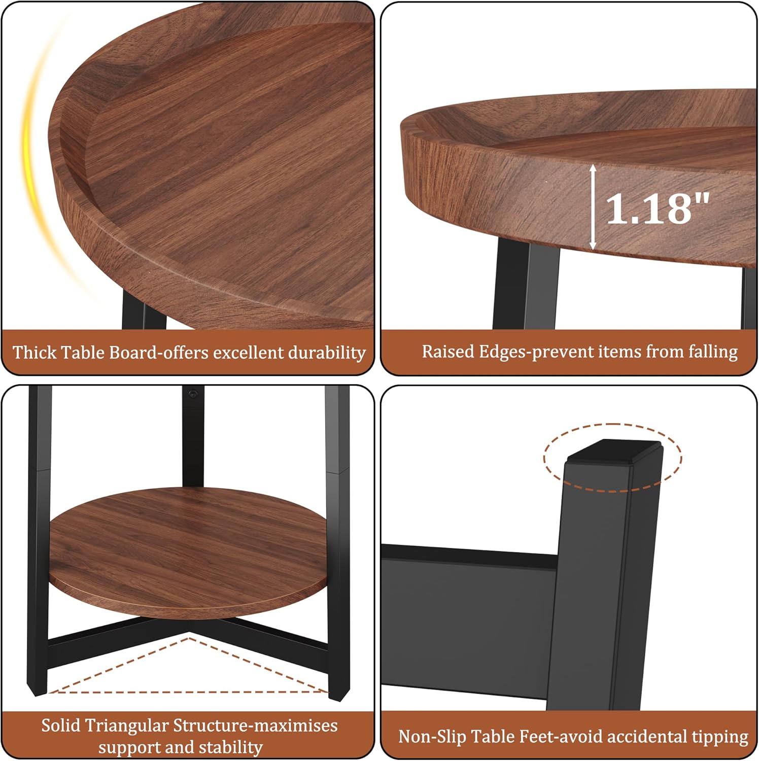 Industrial 2 Tier Round Side Table with Storage Shelf,Accent Tray End Table with Triangular Metal Support, Nightstand Bedside Sofa Table for Living Room, Bedroom, Balcony, Cherry
