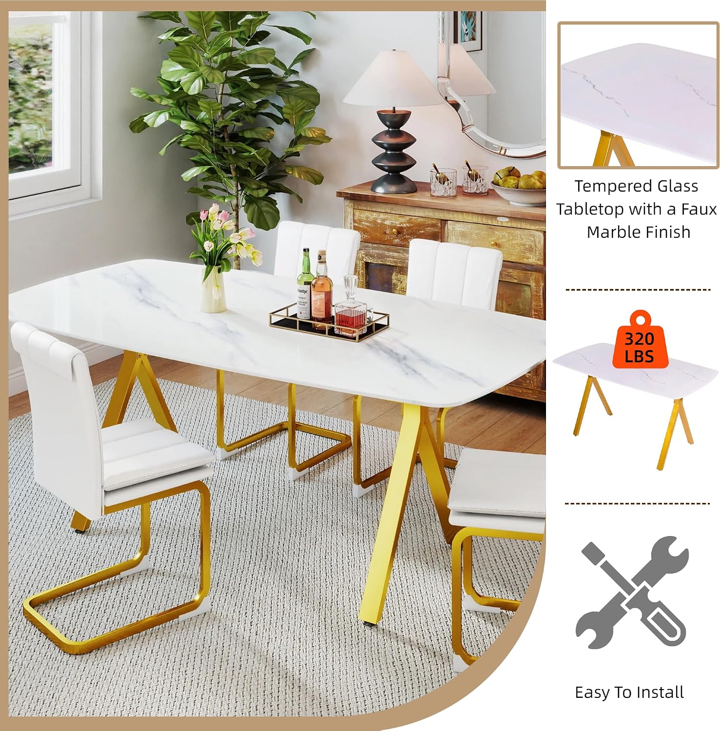 Modern Rectangular Tempered Glass Dining Table for 6, Marble Patterned Glass Top with Metal Legs, Glass Dining Table for Kitchen Living Room (White, Support Legs)