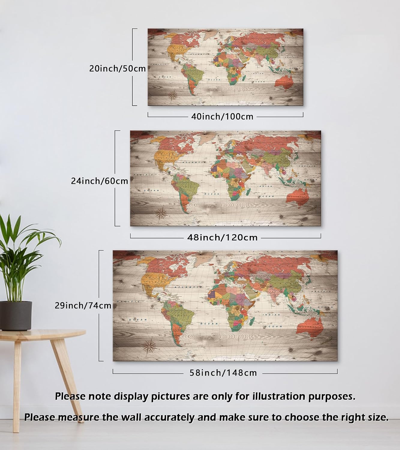 Vintage World Map Wall Art, Large Antique Style Map on Wood Plank Background, Retro Political World Map Poster for Living Room, Office, Study Decor, Canvas Print/Wall Decor
