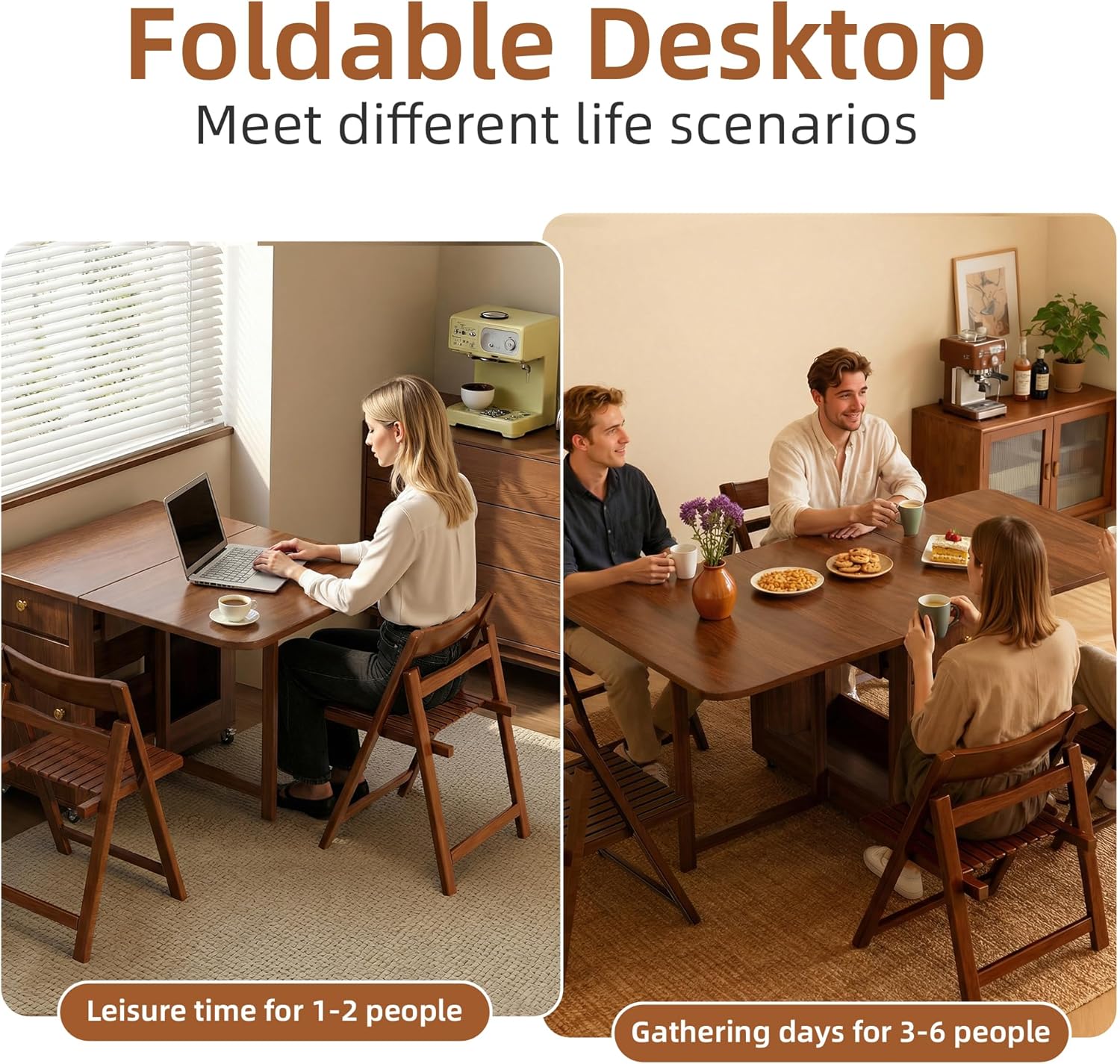 Drop Leaf Table and Chairs - 59" Fully Assembled Folding Dining Table 4-6 Seater with Storage and Lockable Wheels, Space-Saving Set with 4 Chairs for Kitchen or Dining Room (Walnut)