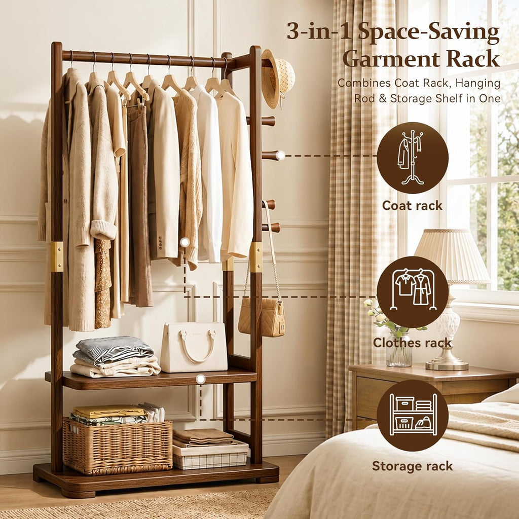 Freestanding Coat Rack Solid Wood with 2 Shelves & 5 Hooks, Heavy Duty Hall Tree for Hanging Clothes, Hats & Accessories – Hallway Bedroom Storage