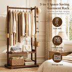 Freestanding Coat Rack Solid Wood with 2 Shelves & 5 Hooks, Heavy Duty Hall Tree for Hanging Clothes, Hats & Accessories – Hallway Bedroom Storage