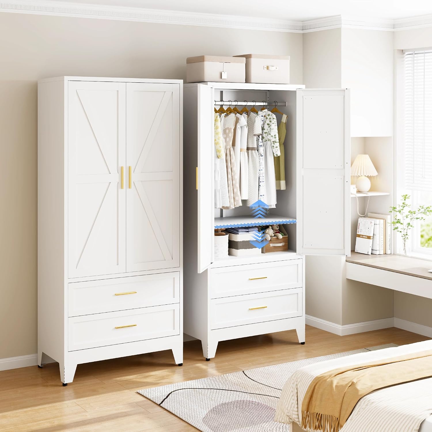71 "H Armoire Wardrobe Closet with 2 Drawers and Adjustable Shelves | Metal Wardrobe Closet with Doors, Wardrobe Cabinet with Hanging Rod, Closets for Bedroom, Laundry Room, White