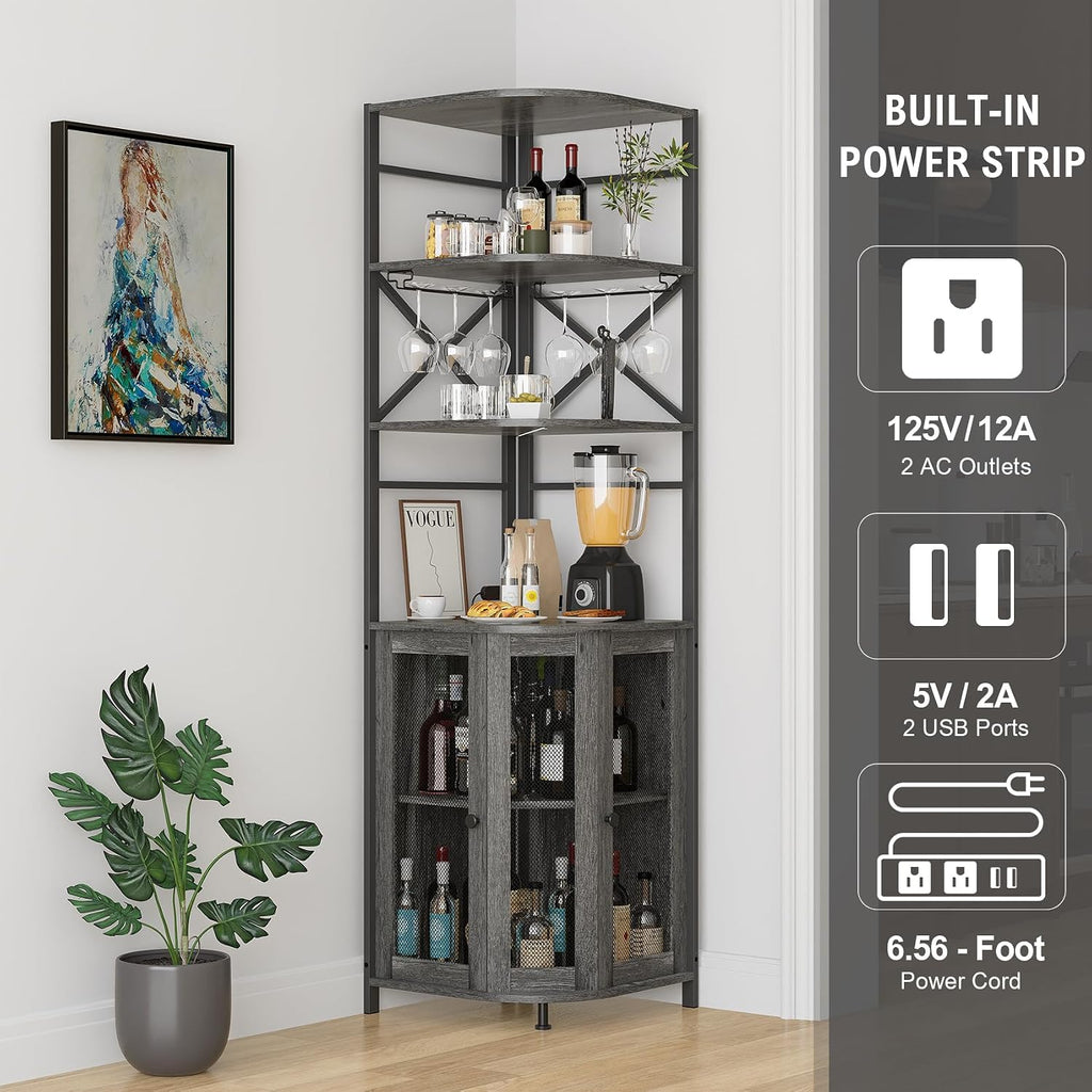 Wine Bar Cabinet with Power Outlet, 6-Tiers Industrial Wine Cabinet with LED Light and Glass Holder, Corner Bar Cabinet with Adjustable Shelf and Mesh Door, Liquor Cabinet Bar for Home