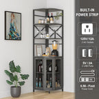 Wine Bar Cabinet with Power Outlet, 6-Tiers Industrial Wine Cabinet with LED Light and Glass Holder, Corner Bar Cabinet with Adjustable Shelf and Mesh Door, Liquor Cabinet Bar for Home