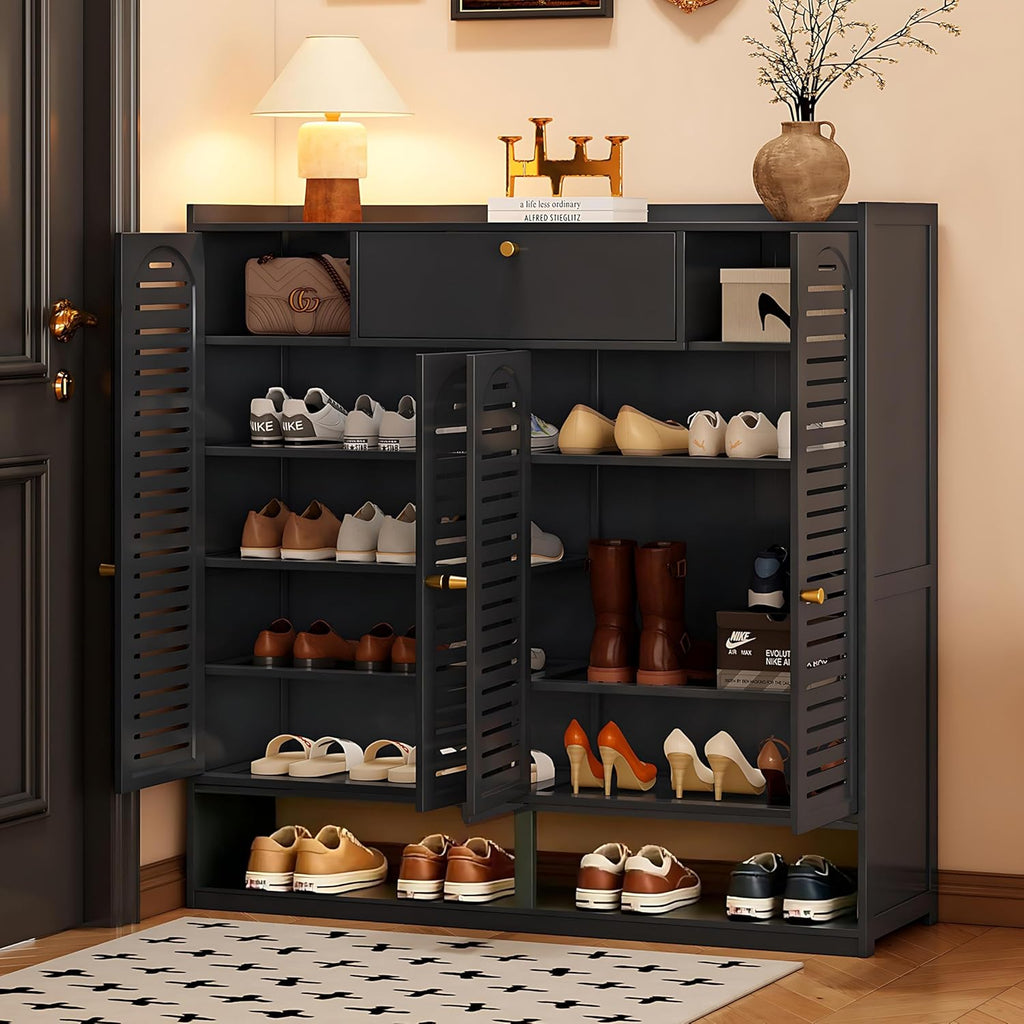 Shoe Cabinet with Louvered Doors, Freestanding Entryway Shoe Storage Cabinet with Drawer & Open Compartment, Modern Bamboo Shoe Rack Organizer with Thickened Adjustable Shelves for Closet