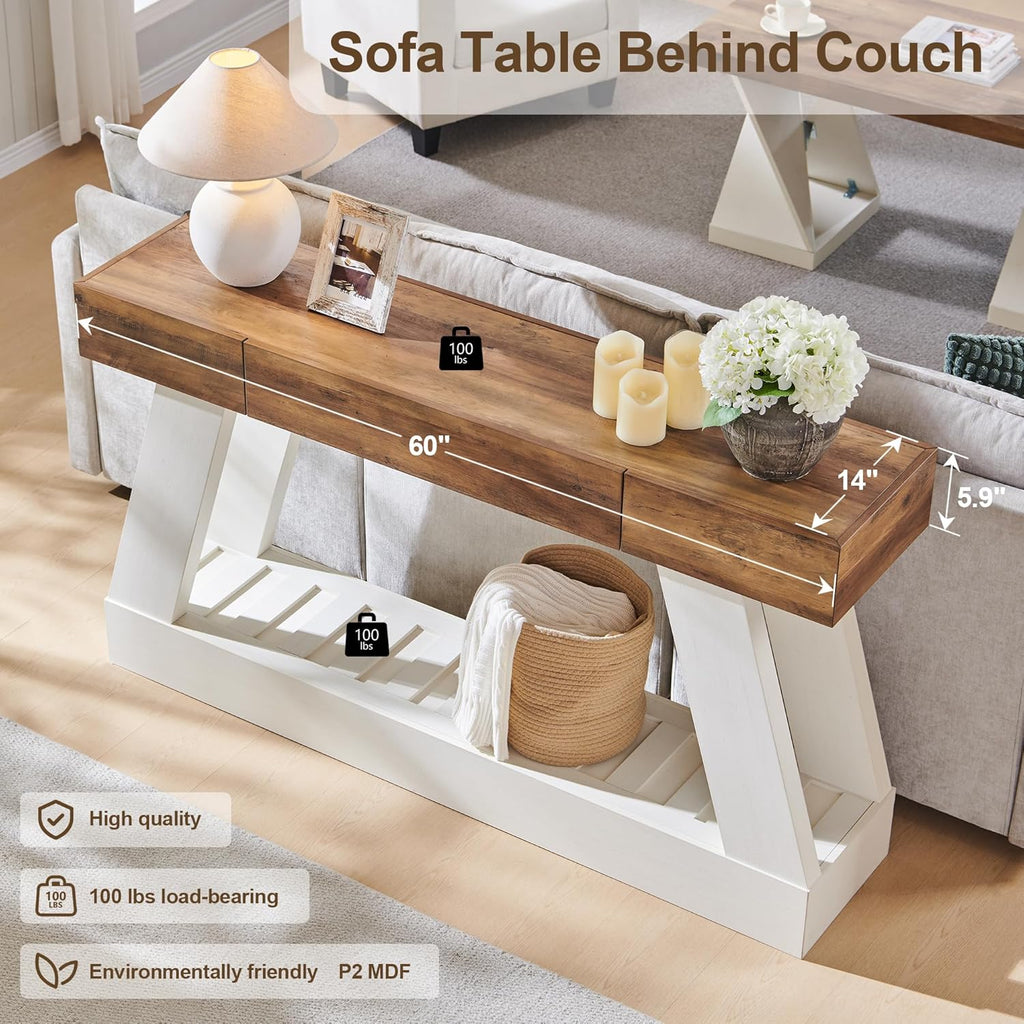 OKD 60" Farmhouse Entryway Table with Drawer, Console Table Behind Sofa, Narrow Long Entryway for Hallway, Living Room, Hallway, Behind Couch(Antique White)