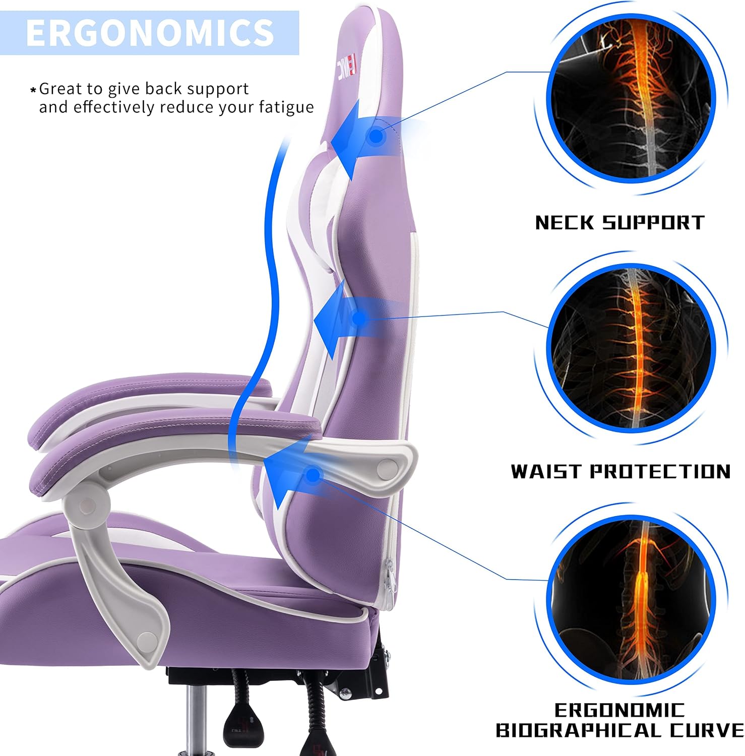Gaming Chair with Massager, Fabric Gaming Chairs for Adults, Ergonomic Gamer Chair with Adjustable Headrest and Lumbar Support, Reclining Computer Game Chair, High Back, Purple