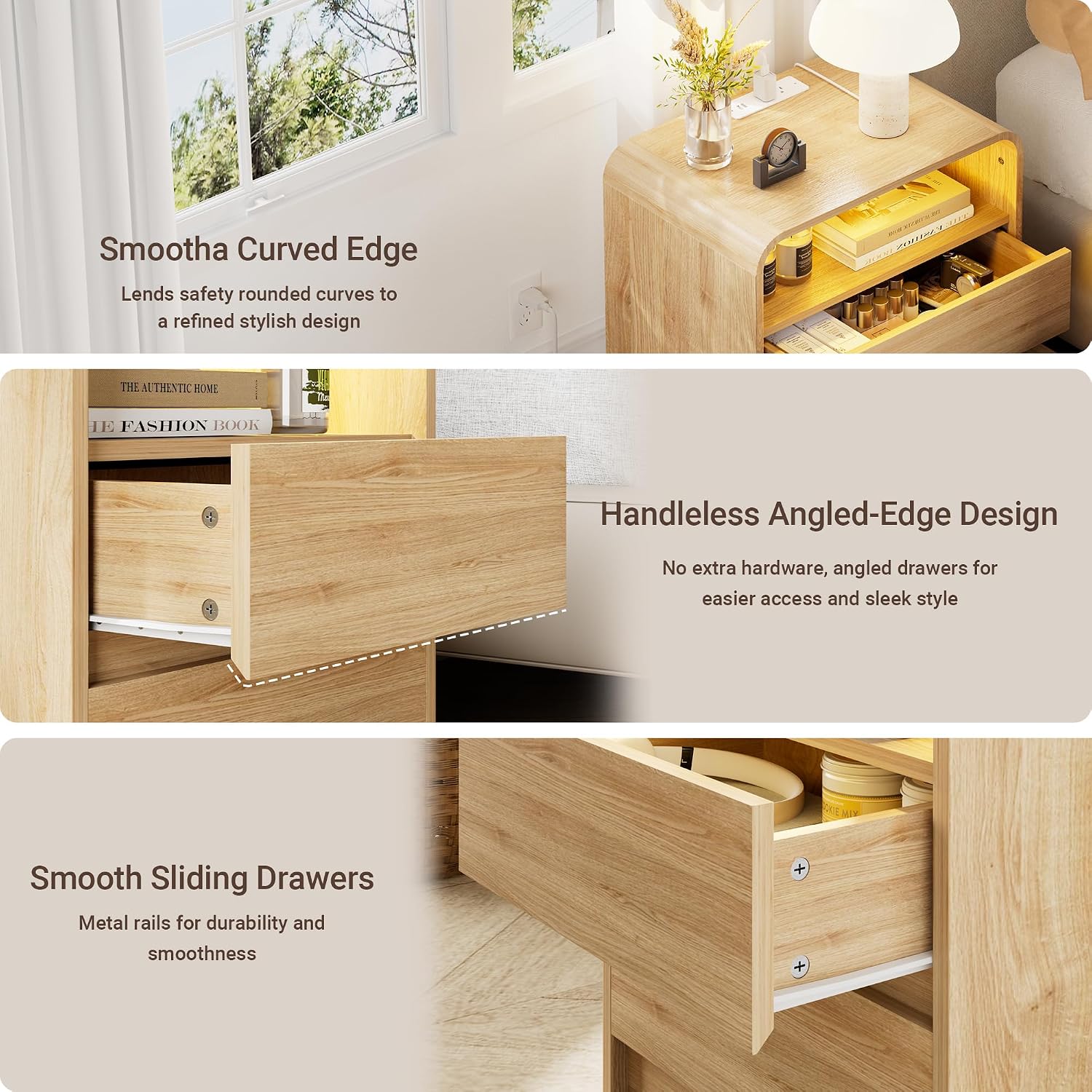 23"W 2 Drawer Nightstand with Charging Station and RGB LED Light | Curved Profile, Natural Oak, Handleless, Bedroom, FSC-Certified Wood, Modern, Open Shelf, Night Stand, End Table