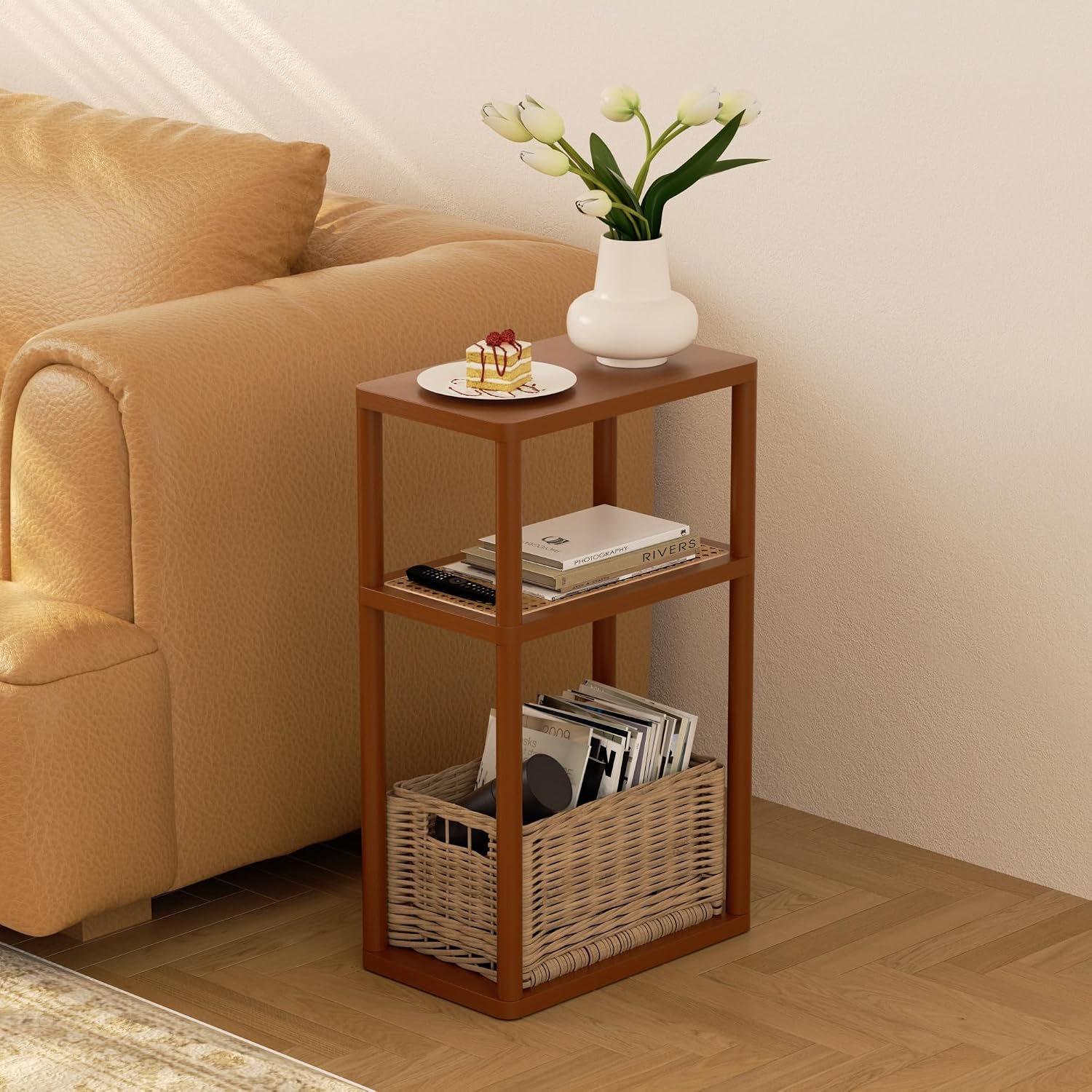 YGYQZ Rattan End Table, 3-Tier Narrow Side Table for Small Spaces, Wood Sofa Side Table Nightstand with Storage Shelves for Living Room Bedroom, Boho Slim Corner Table